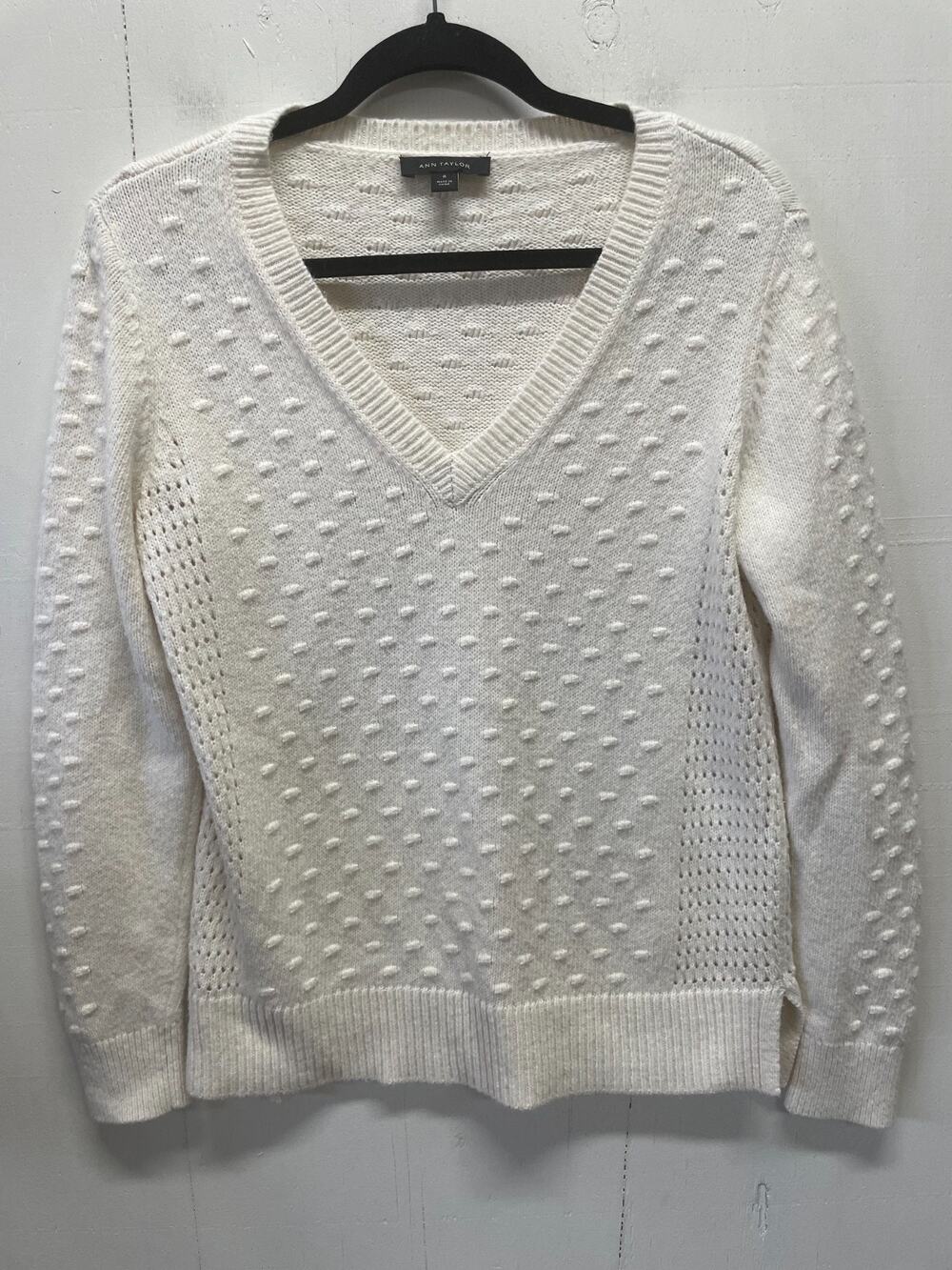 Ann Taylor Women's Textured V-Neck Sweater Ivory Size Medium Cotton Blend